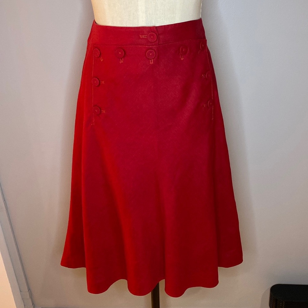 J Crew Size 6 Red Linen Skirt Midi Length Sailor Button Front Tie Back A-Line